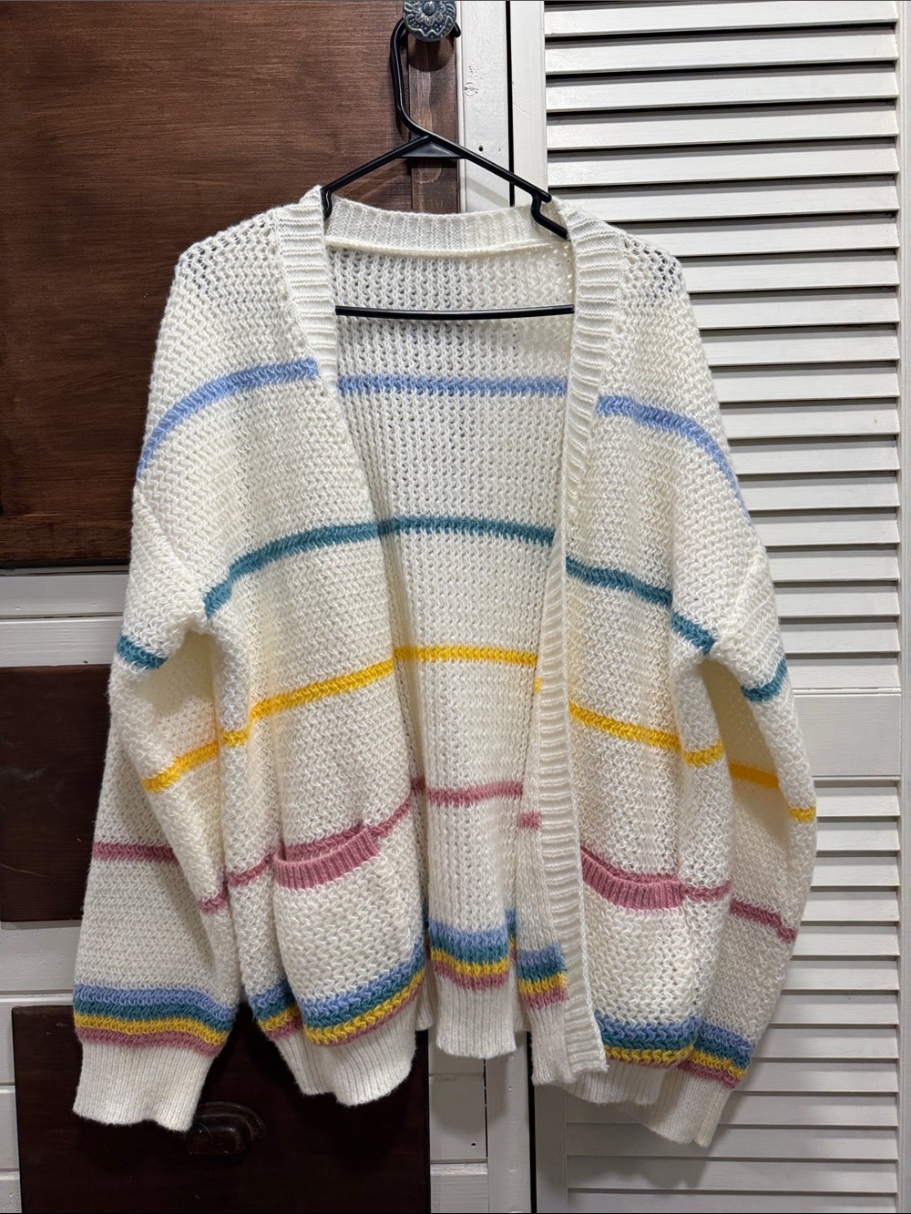SHEIN Cream Open-Front Cardigan with Pastel Stripe Trim